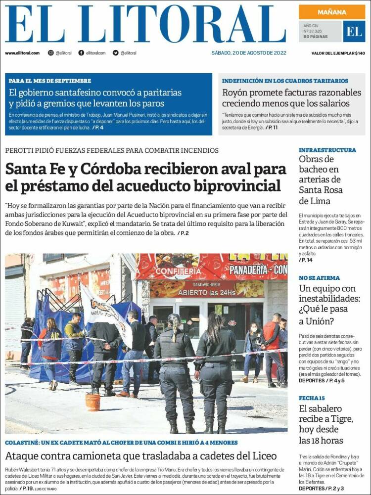 Portada de Diario El Litoral (Argentina)