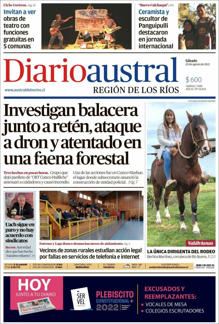 Portada de El Diario Austral de Valdivia (Chile)