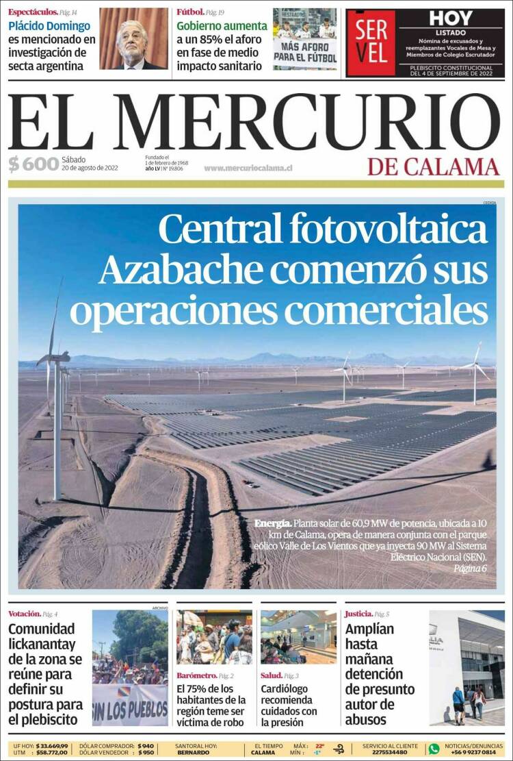Portada de El Mercurio - Calama (Chile)