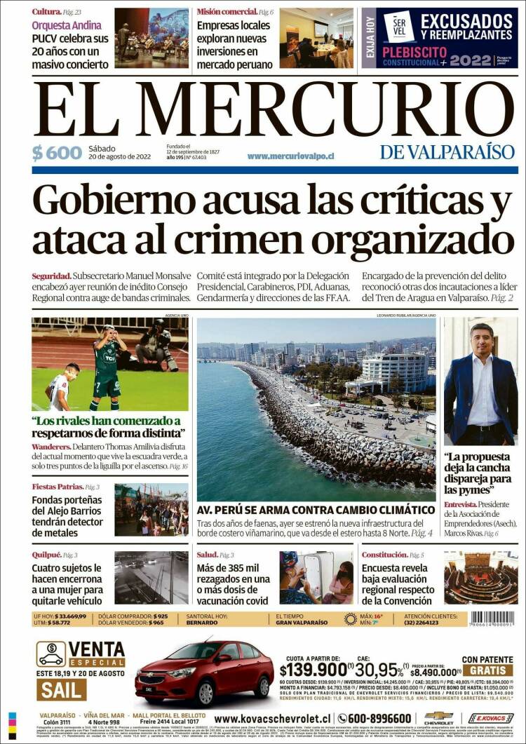 Portada de Mercurio de Valparaiso (Chile)