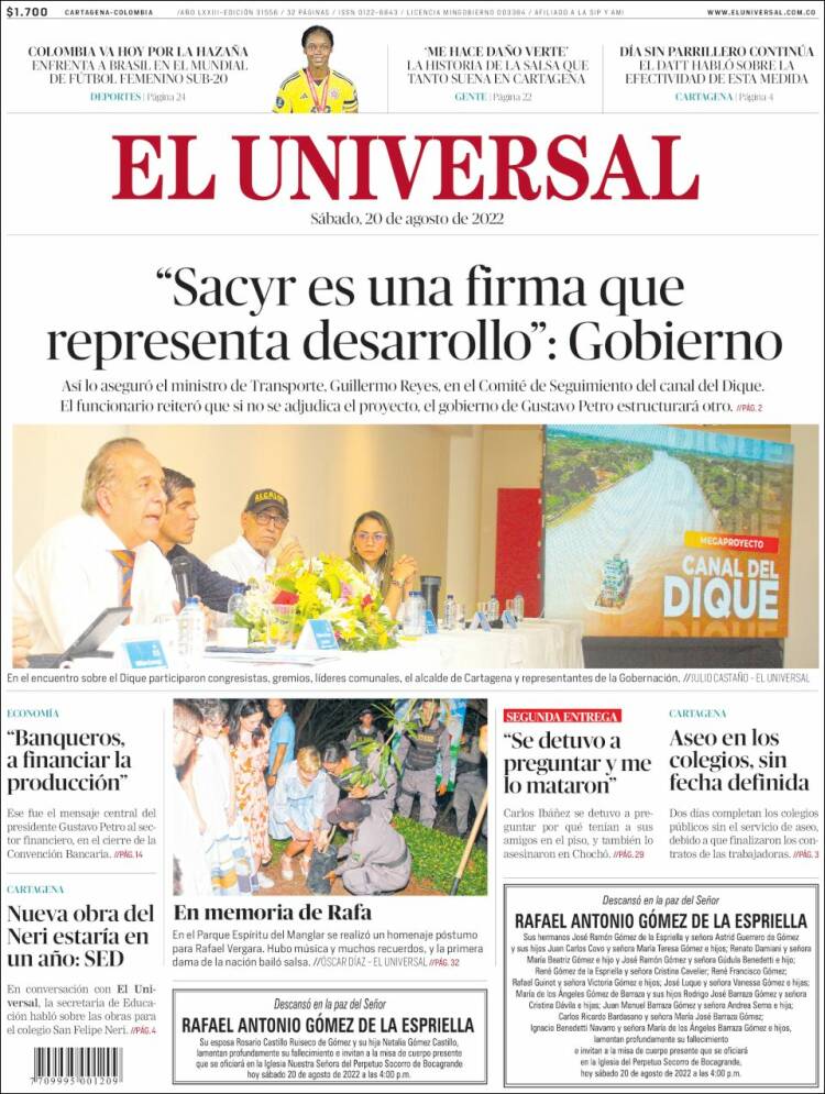 Portada de El Universal (Colombia)