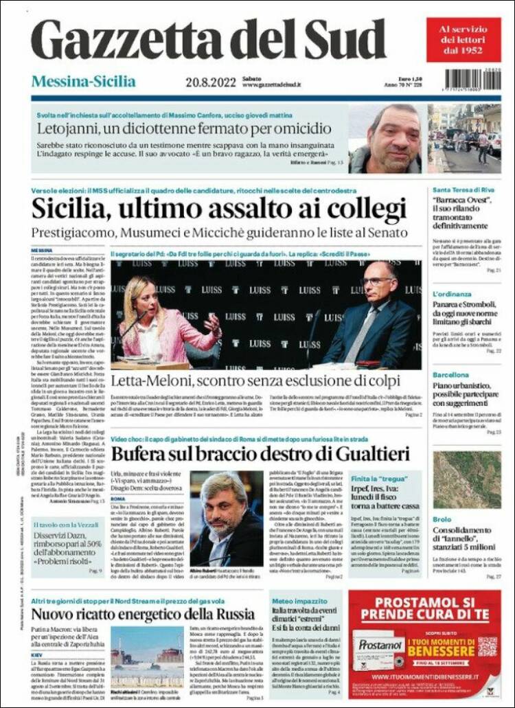 Portada de Gazzetta del Sud (Italia)