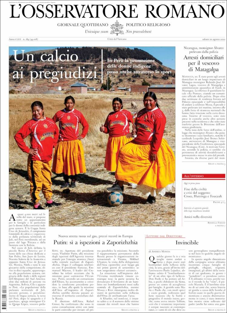 Portada de L'Osservatore Romano (Italia)