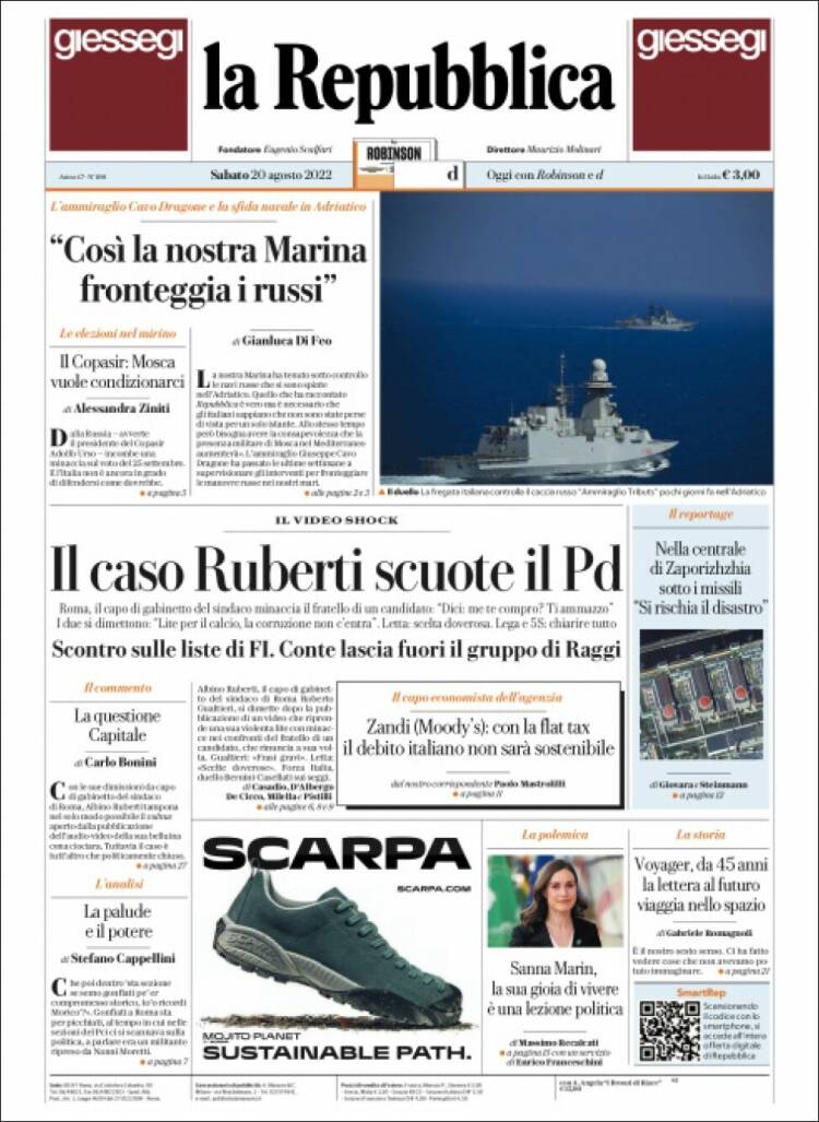 Portada de La Repubblica (Italia)
