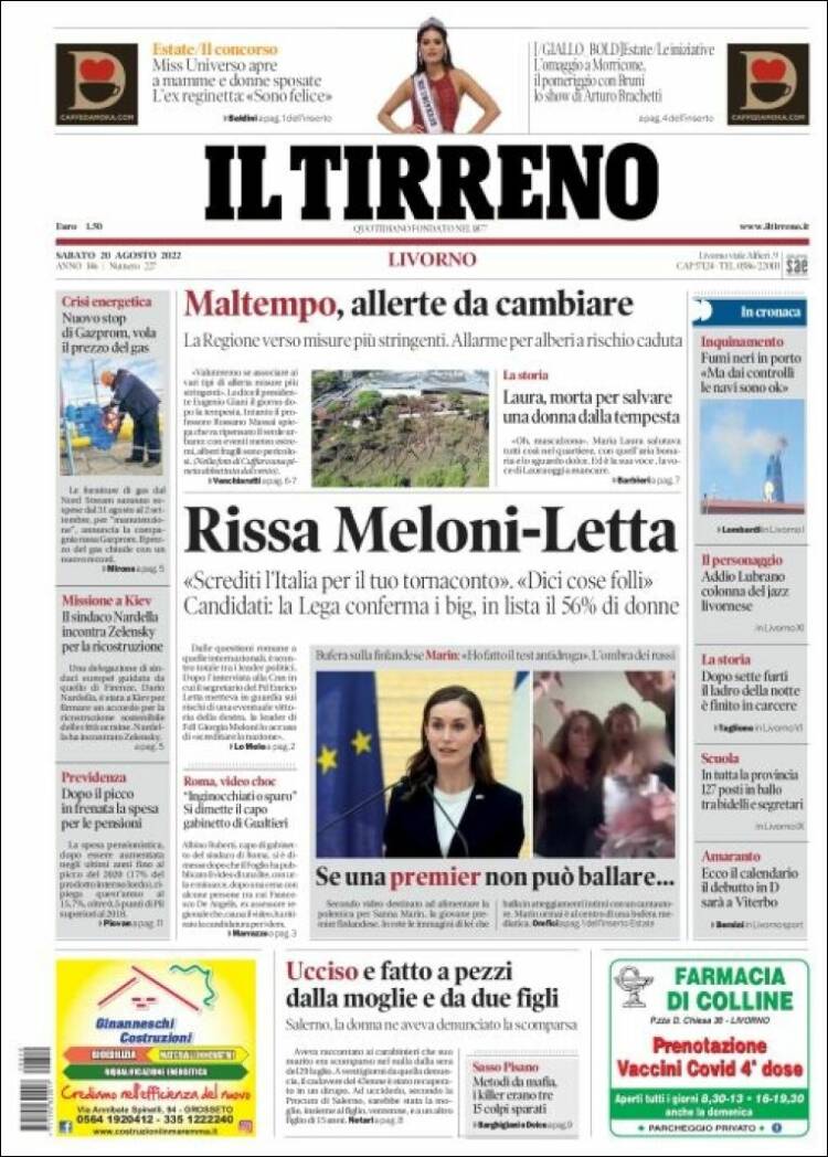 Portada de Il Tirreno (Italia)