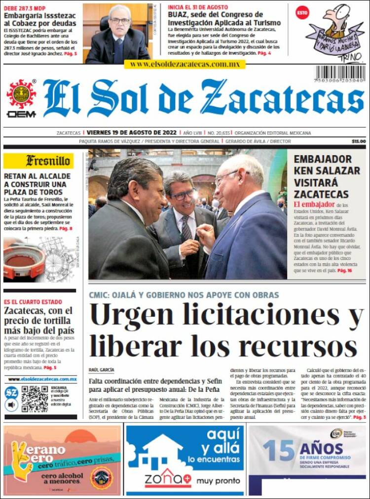 Portada de El Sol de Zacatecas (México)