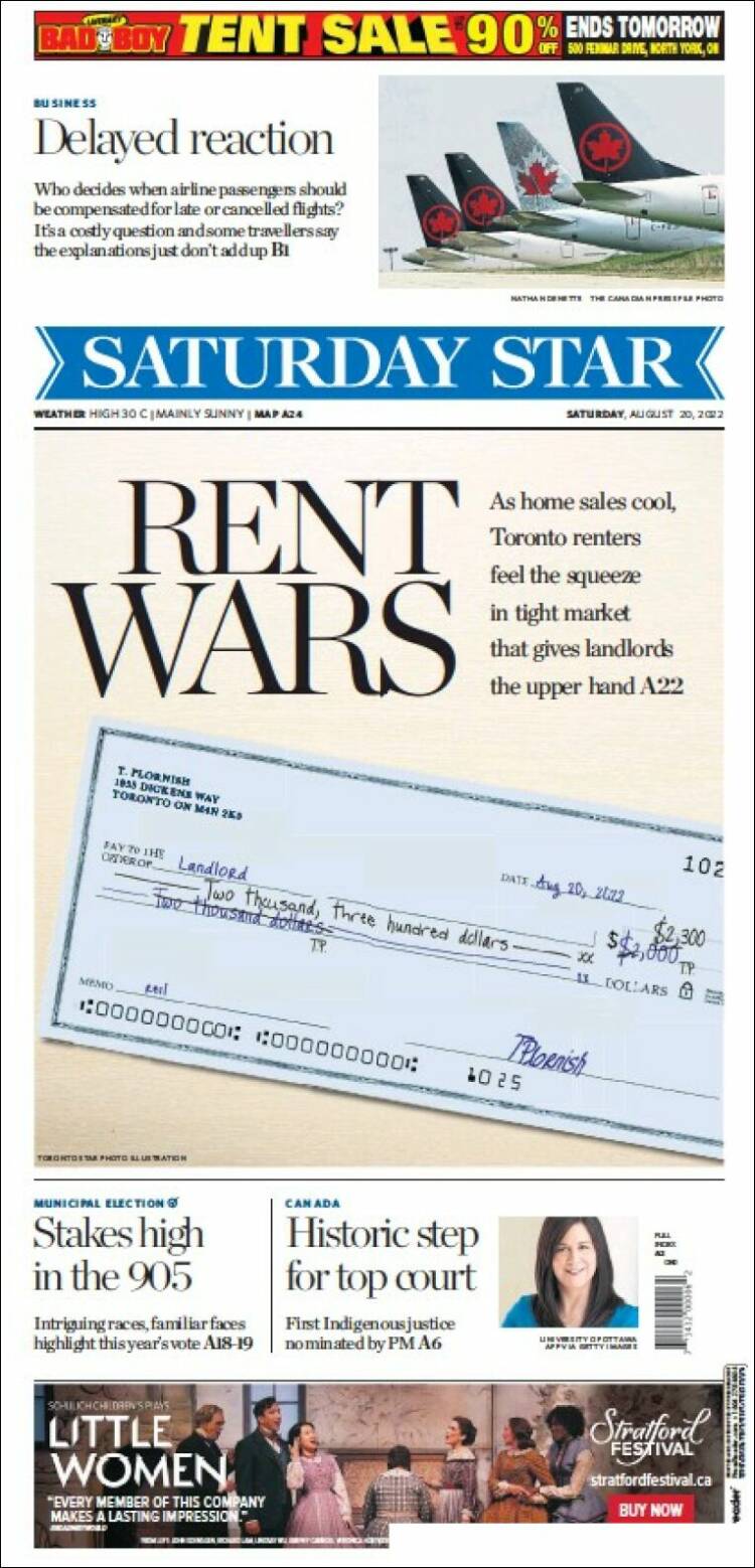 Portada de The Toronto Star (Canadá)