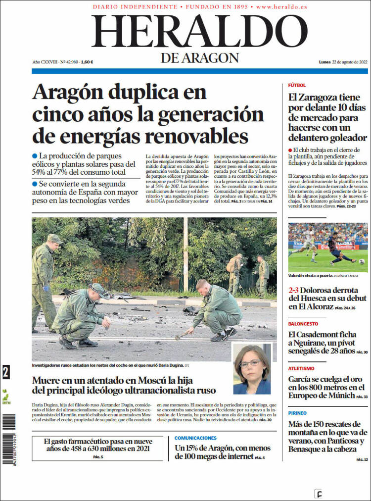 Portada de Heraldo de Aragón (España)