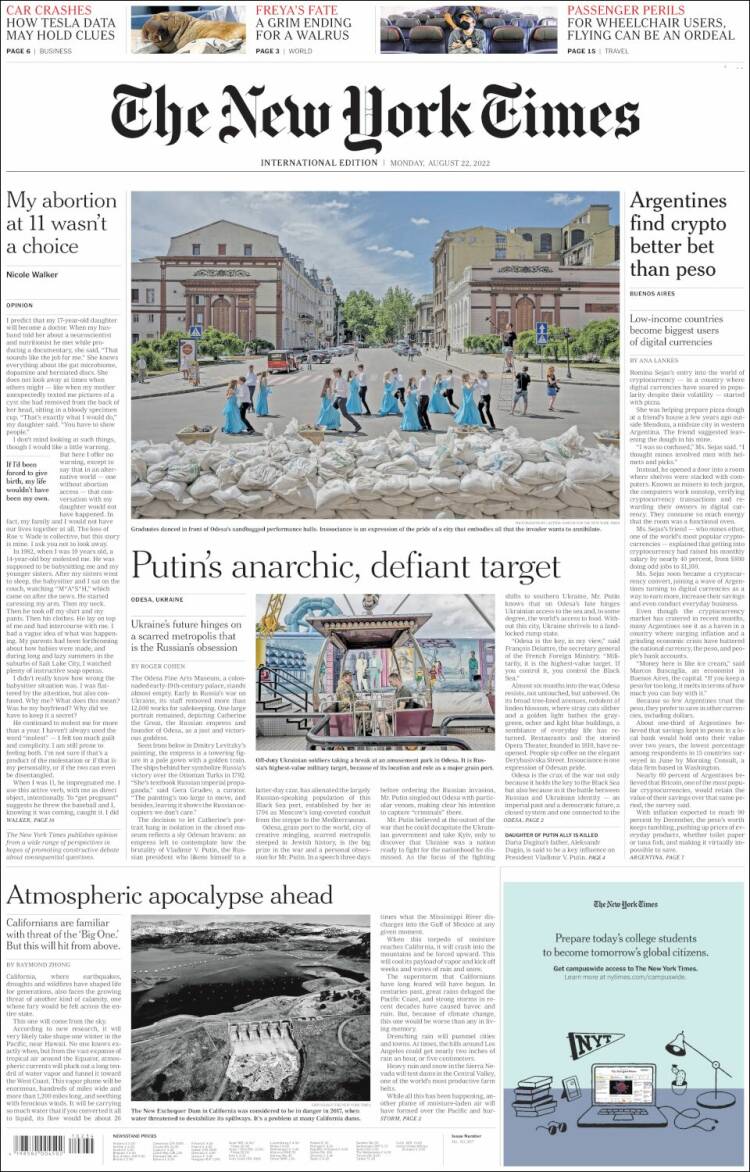 Portada de International New York Times (Europa)