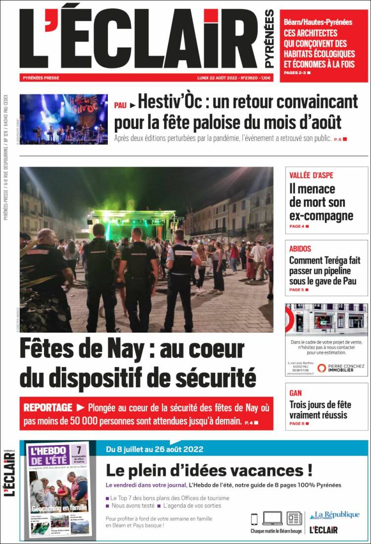 Portada de L'Eclair des Pyrénées (Francia)