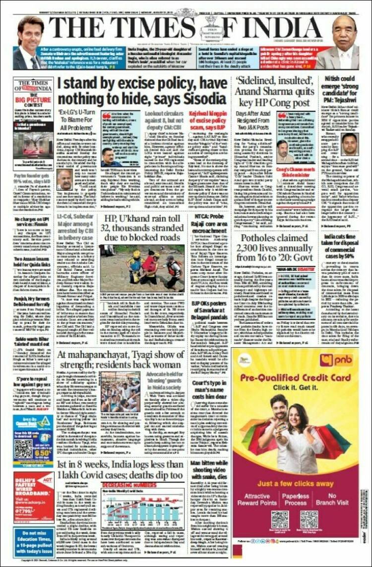 Portada de The Times of India (India)
