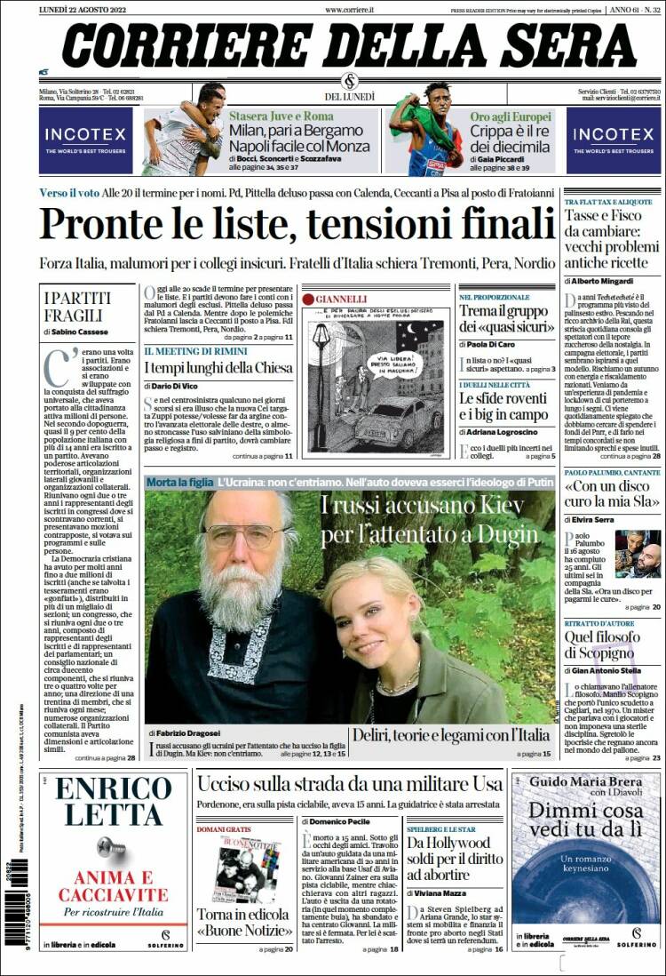 Portada de Corriere della Sera (Italia)