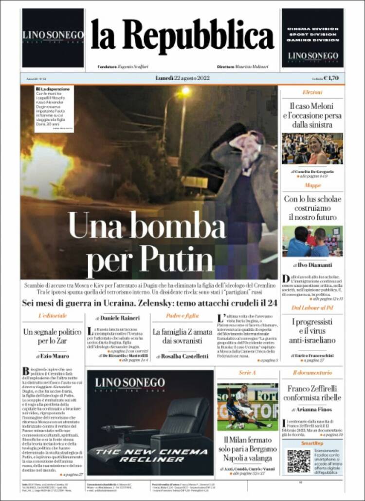 Portada de La Repubblica (Italia)