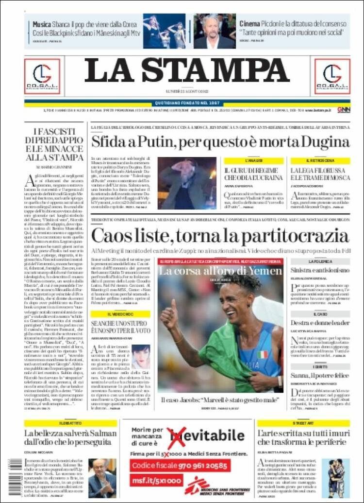 Portada de La Stampa (Italia)