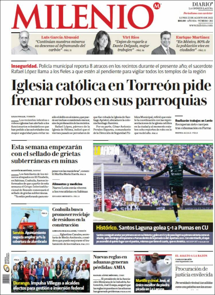 Portada de Milenio - Laguna (Mexique)