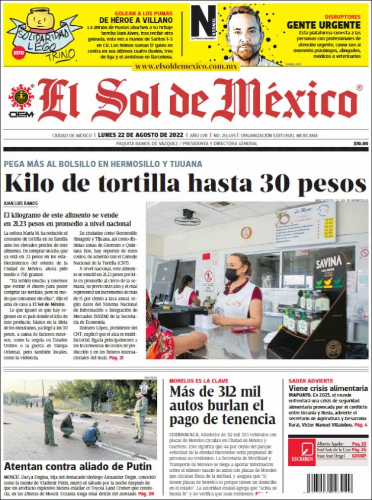 Portada de El Sol de México (Mexique)