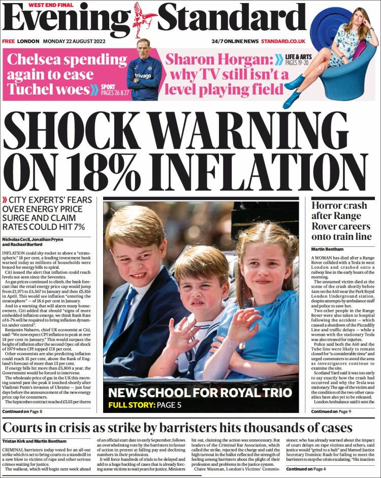 Portada de Evening Standard (Reino Unido)