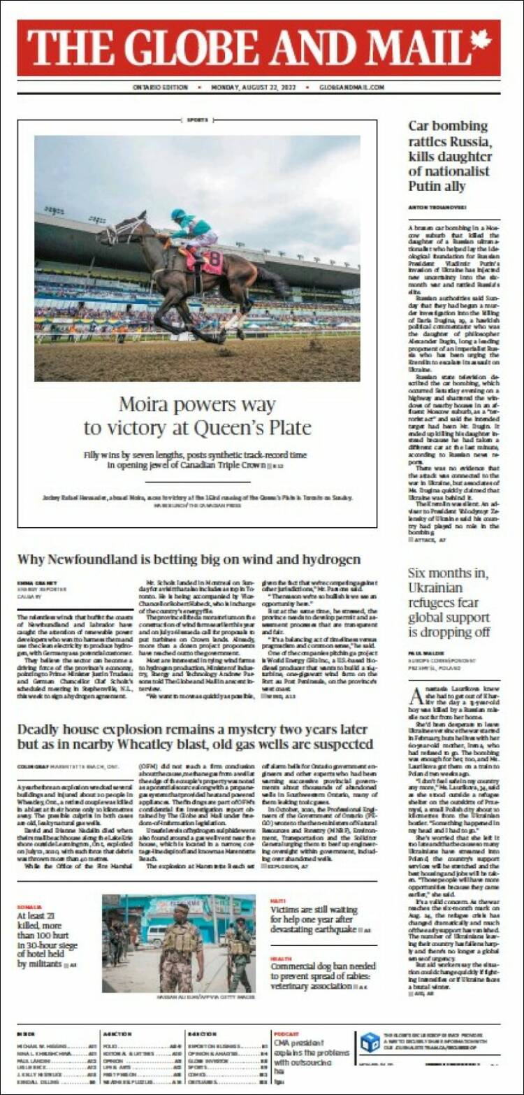 Portada de The Globe and Mail (Canadá)