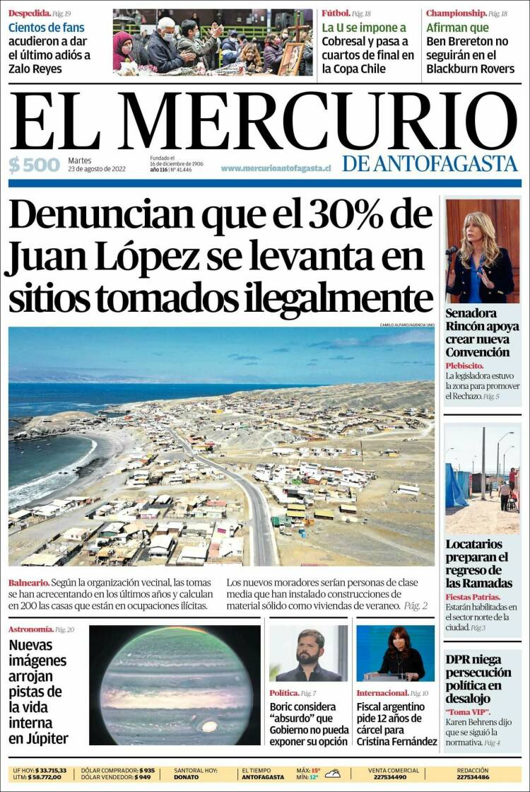 Portada de El Mercurio de Antofagasta (Chile)
