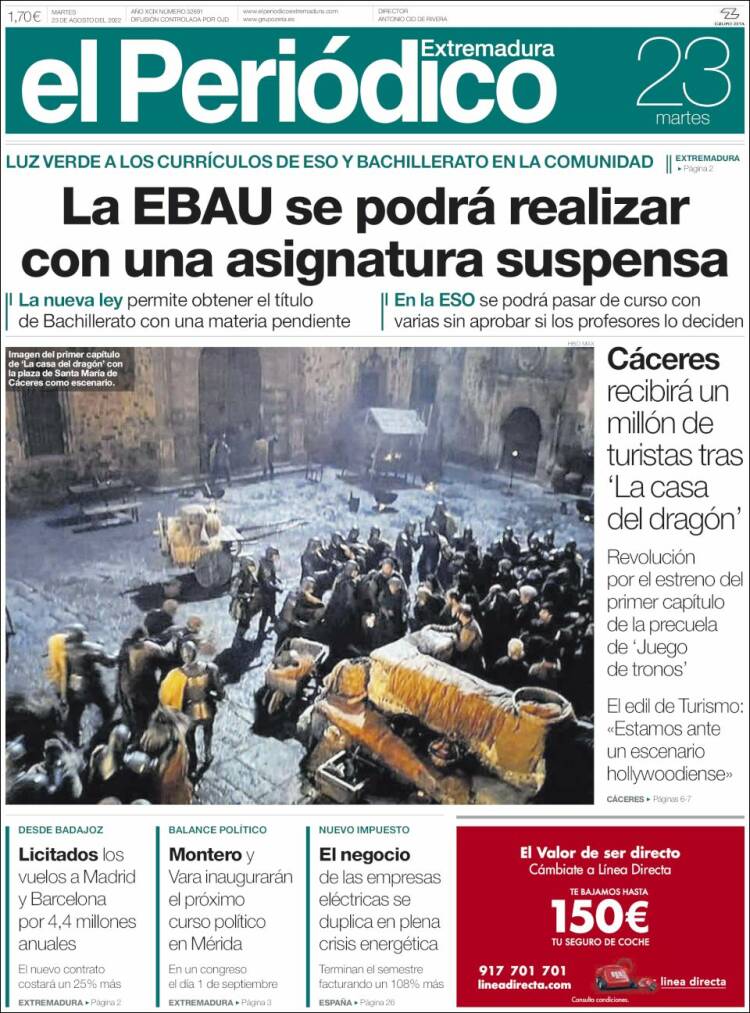 Portada de El Periódico de Extremadura (España)