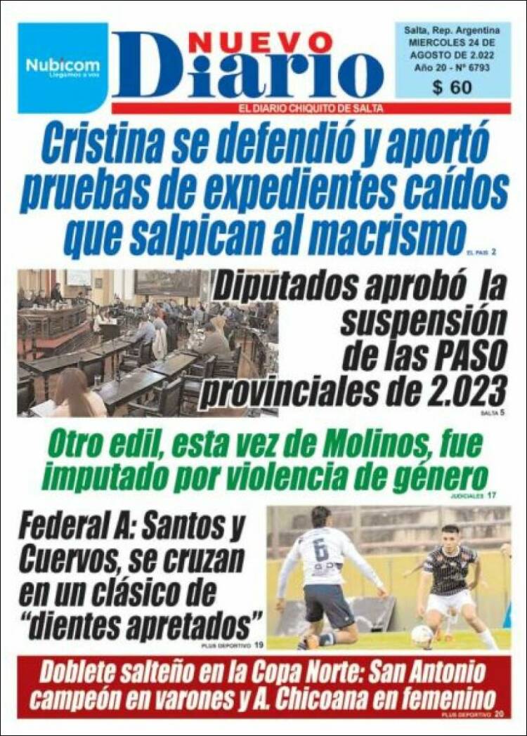 Portada de Nuevo Diario de Salta (Argentina)