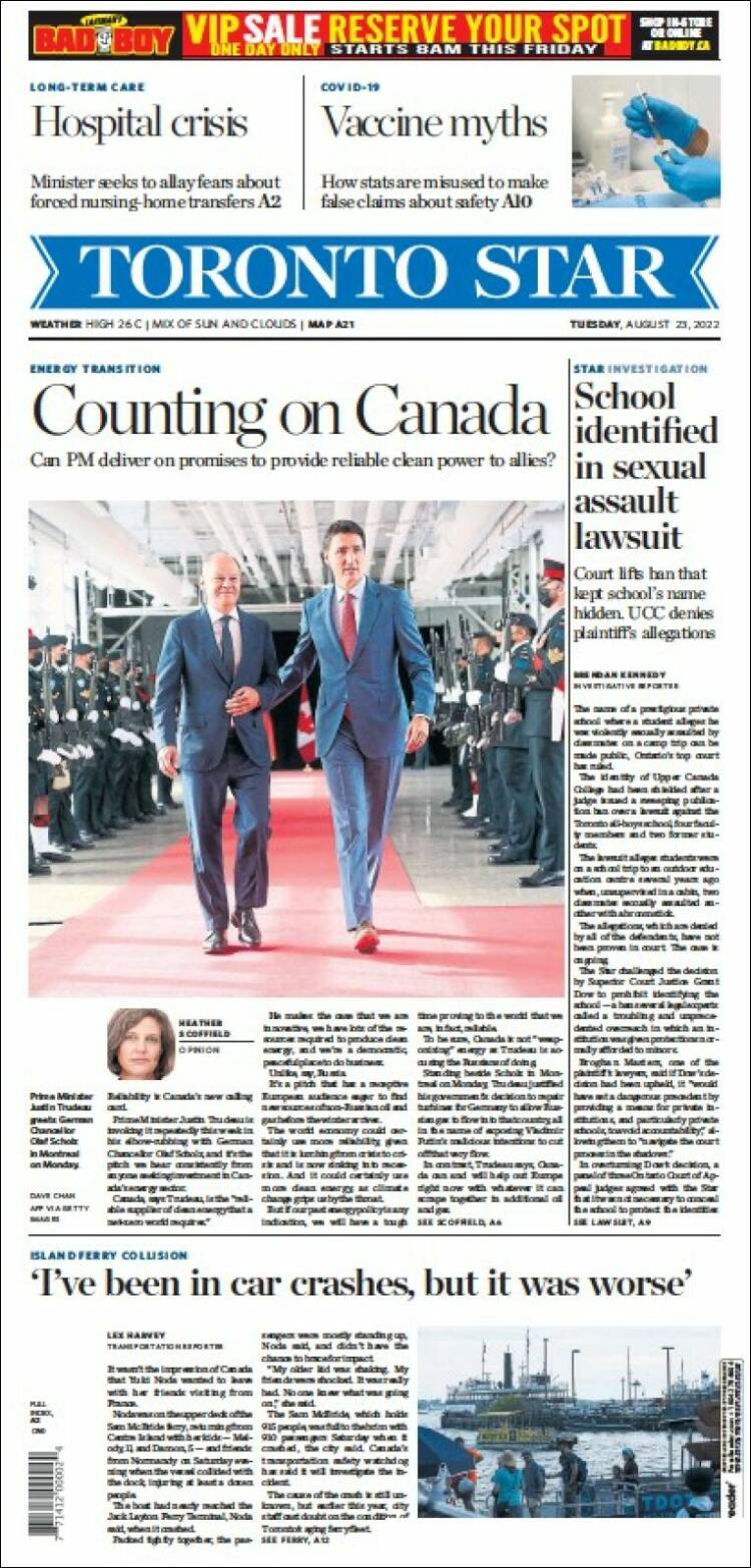 Portada de The Toronto Star (Canadá)