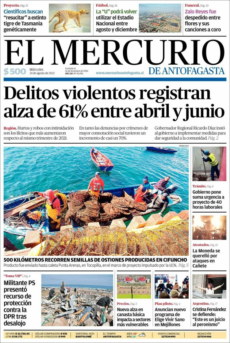 Portada de El Mercurio de Antofagasta (Chile)