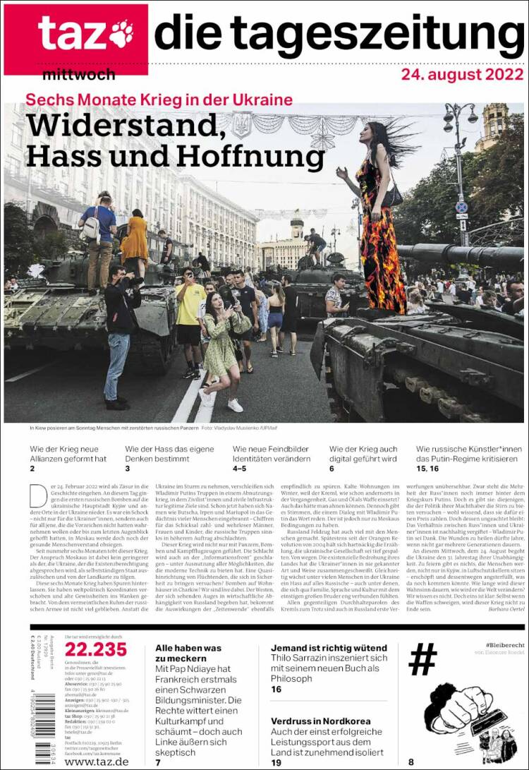 Portada de Die Tageszeitung (Allemagne)