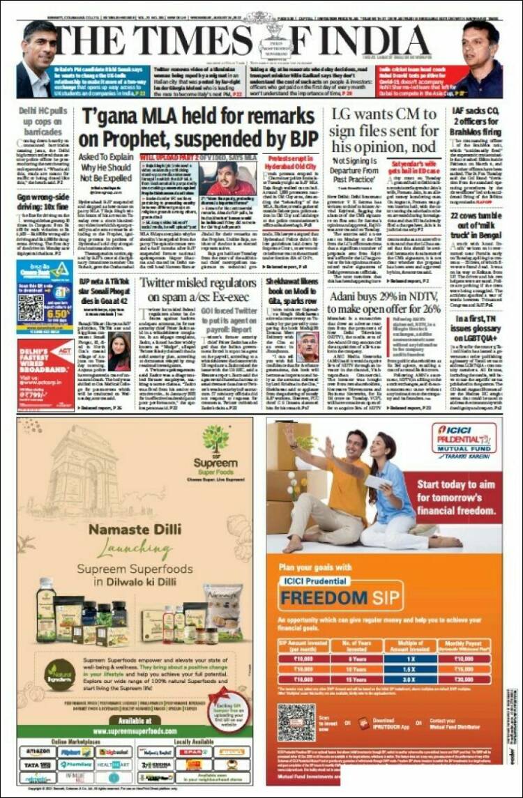 Portada de The Times of India (India)
