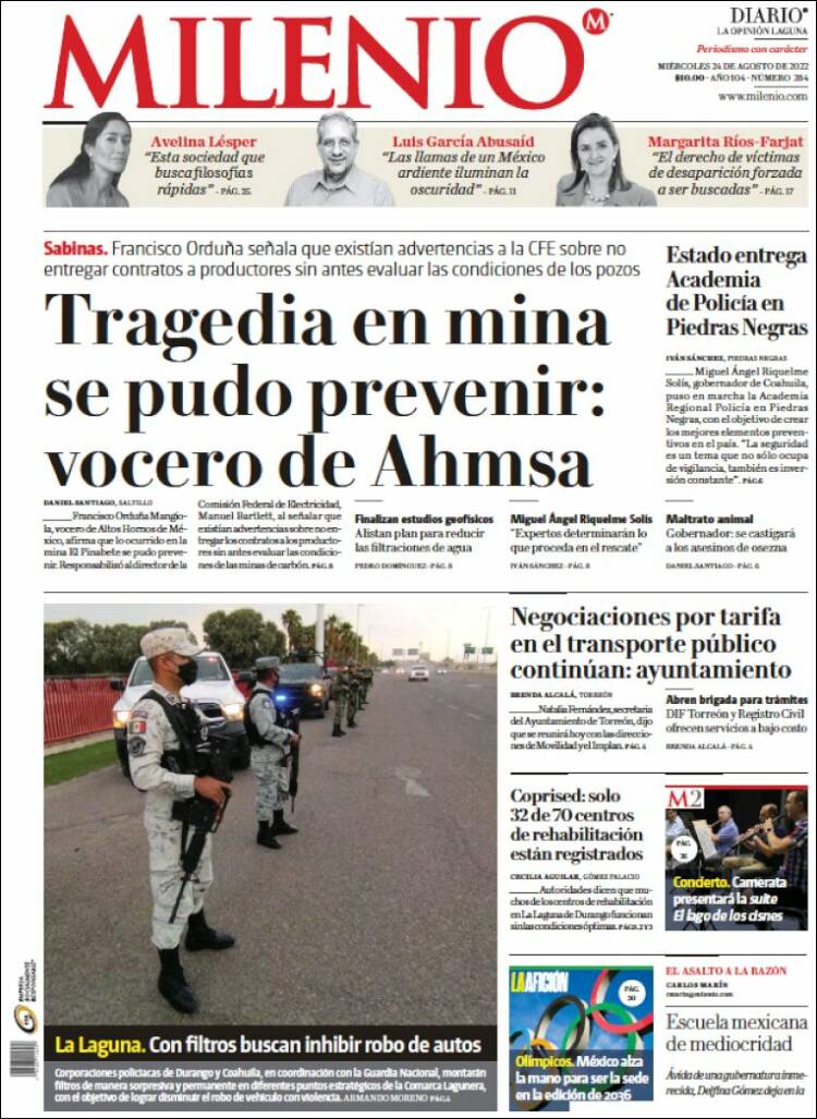 Portada de Milenio - Laguna (México)