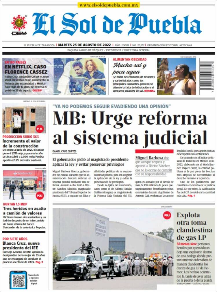 Portada de El Sol de Puebla (México)