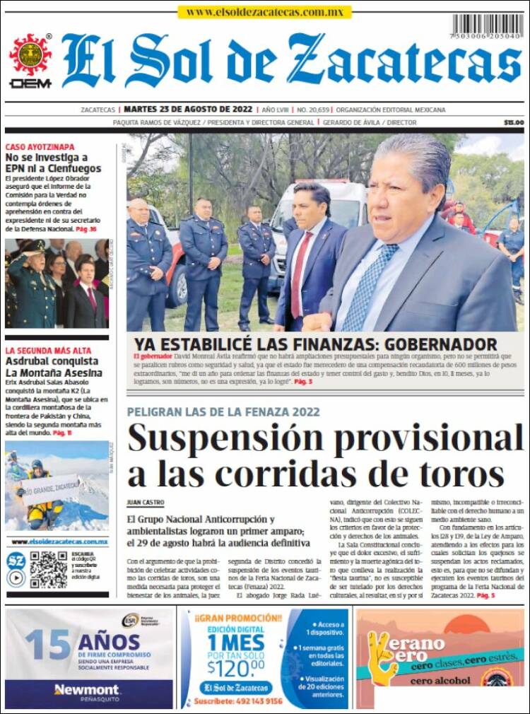 Portada de El Sol de Zacatecas (México)