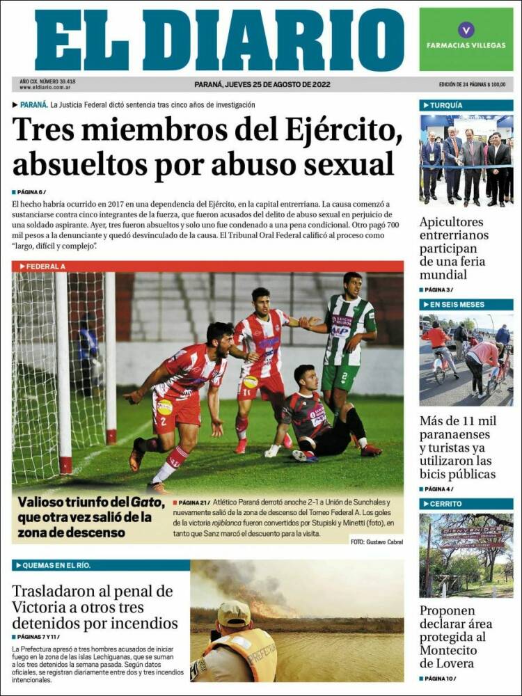 Portada de El Diario de Paraná (Argentina)