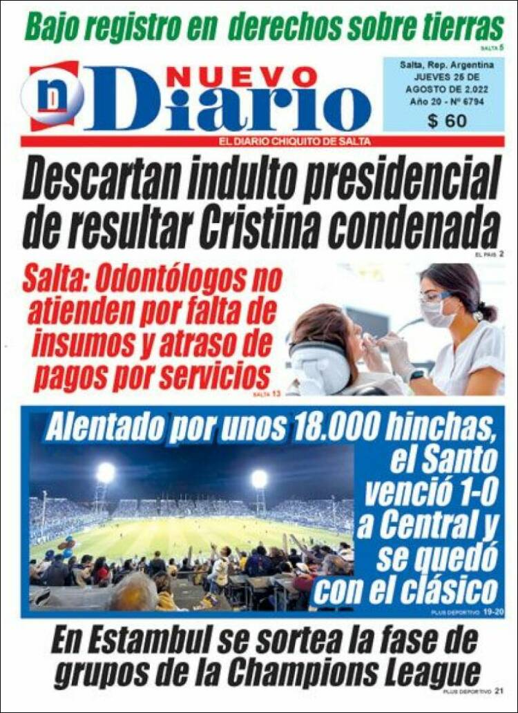 Portada de Nuevo Diario de Salta (Argentina)