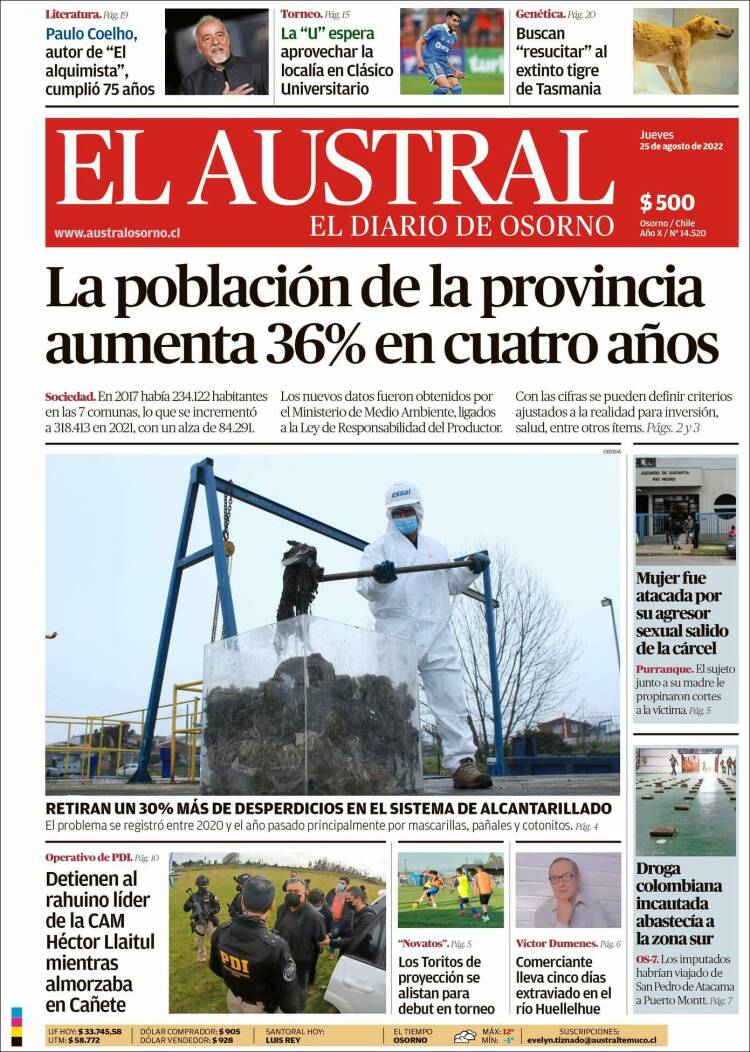 Portada de El Austral de Osorno (Chile)