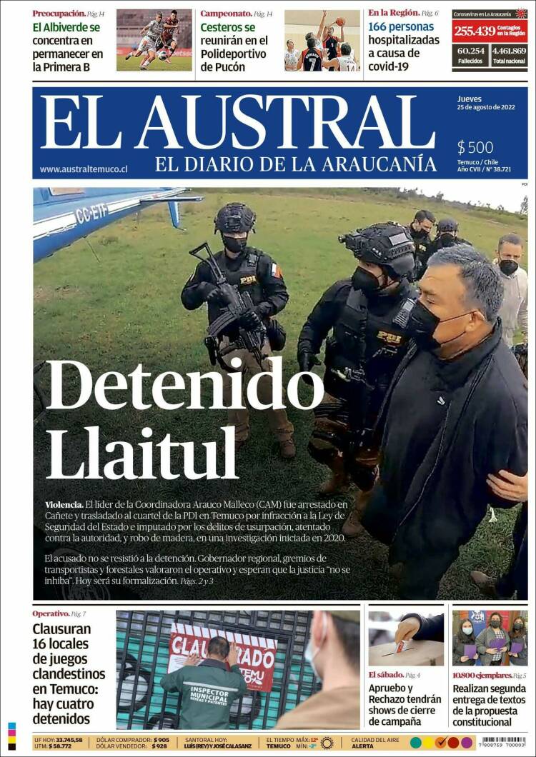 Portada de El Austral de Temuco (Chile)