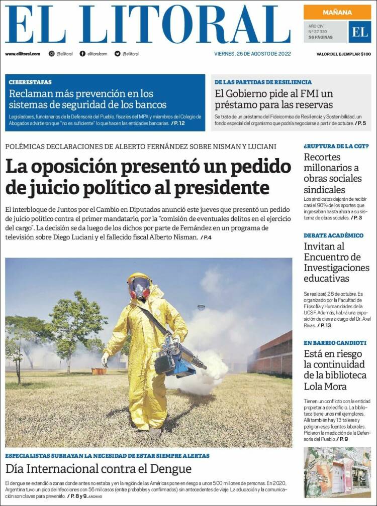 Portada de Diario El Litoral (Argentina)