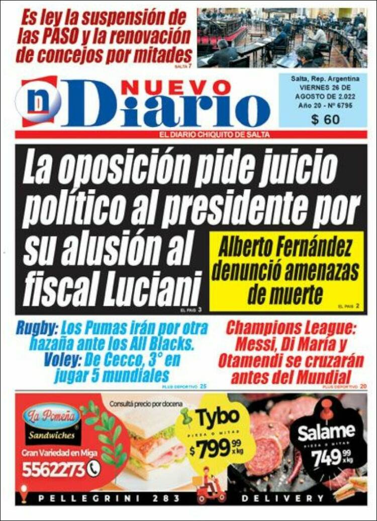 Portada de Nuevo Diario de Salta (Argentina)