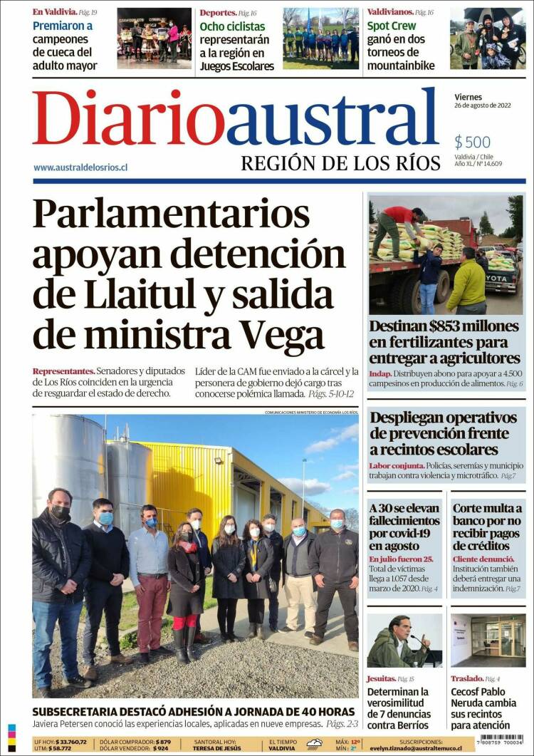 Portada de El Diario Austral de Valdivia (Chile)