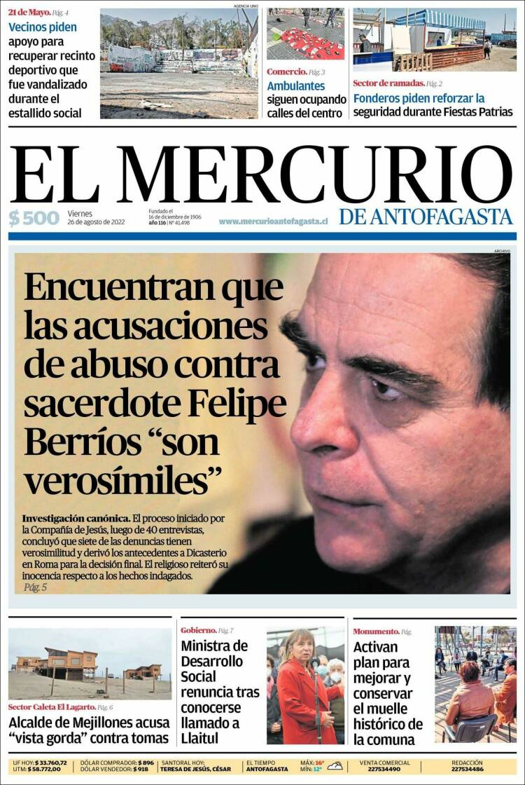 Portada de El Mercurio de Antofagasta (Chile)
