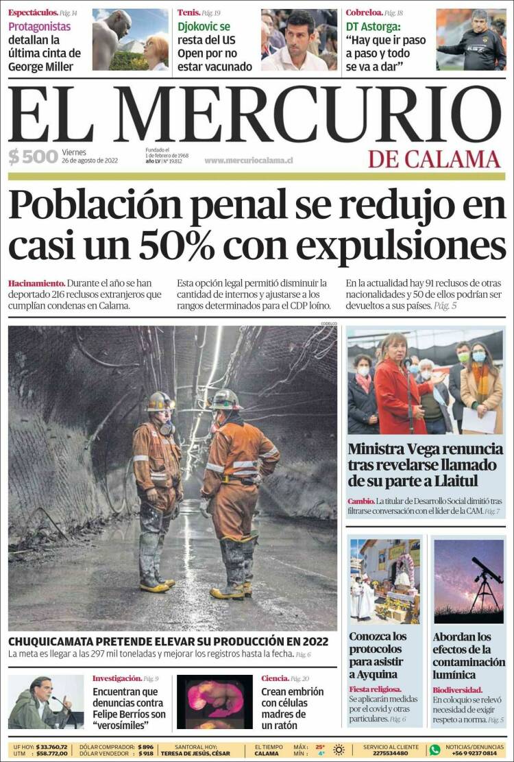 Portada de El Mercurio - Calama (Chile)