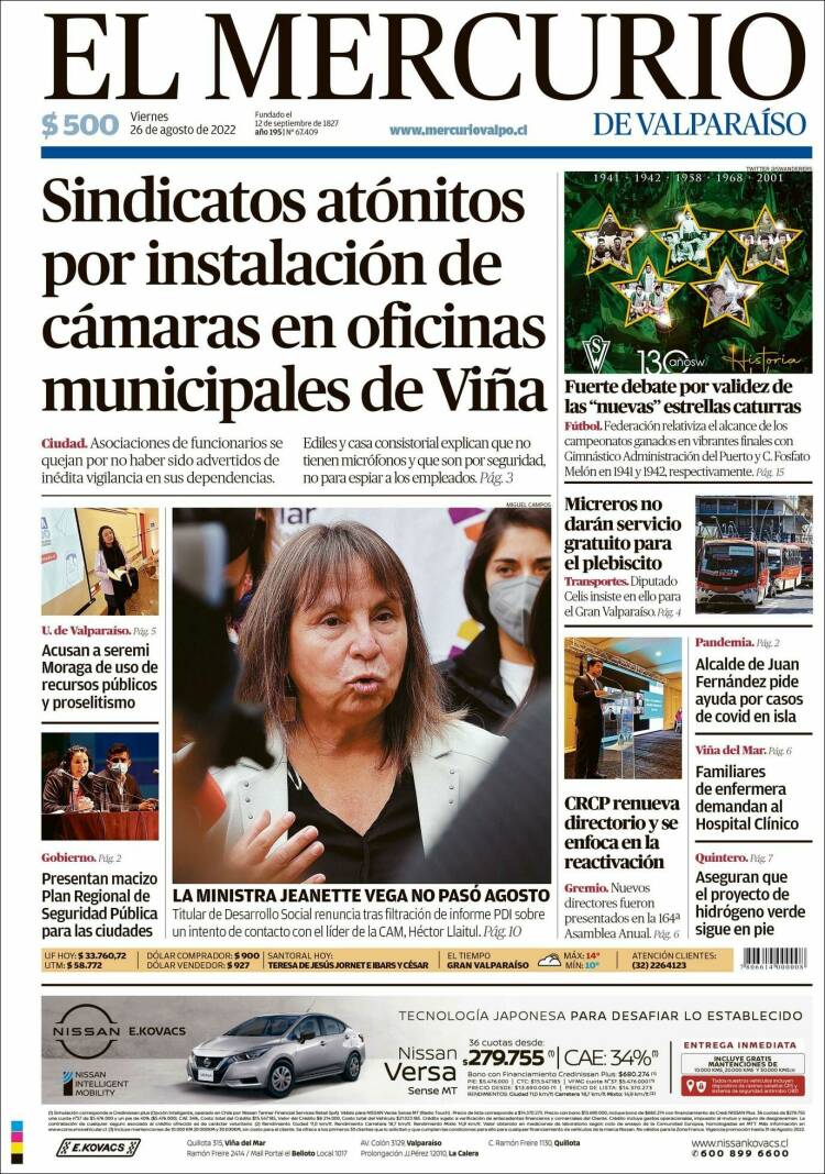 Portada de Mercurio de Valparaiso (Chile)