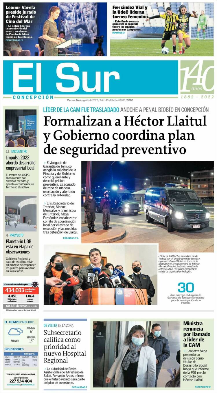 Portada de El Sur (Chile)
