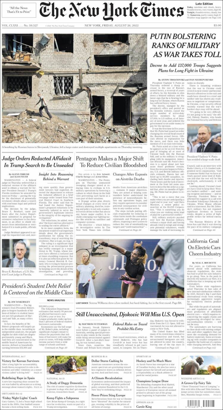 Portada de New York Times (États-Unis)