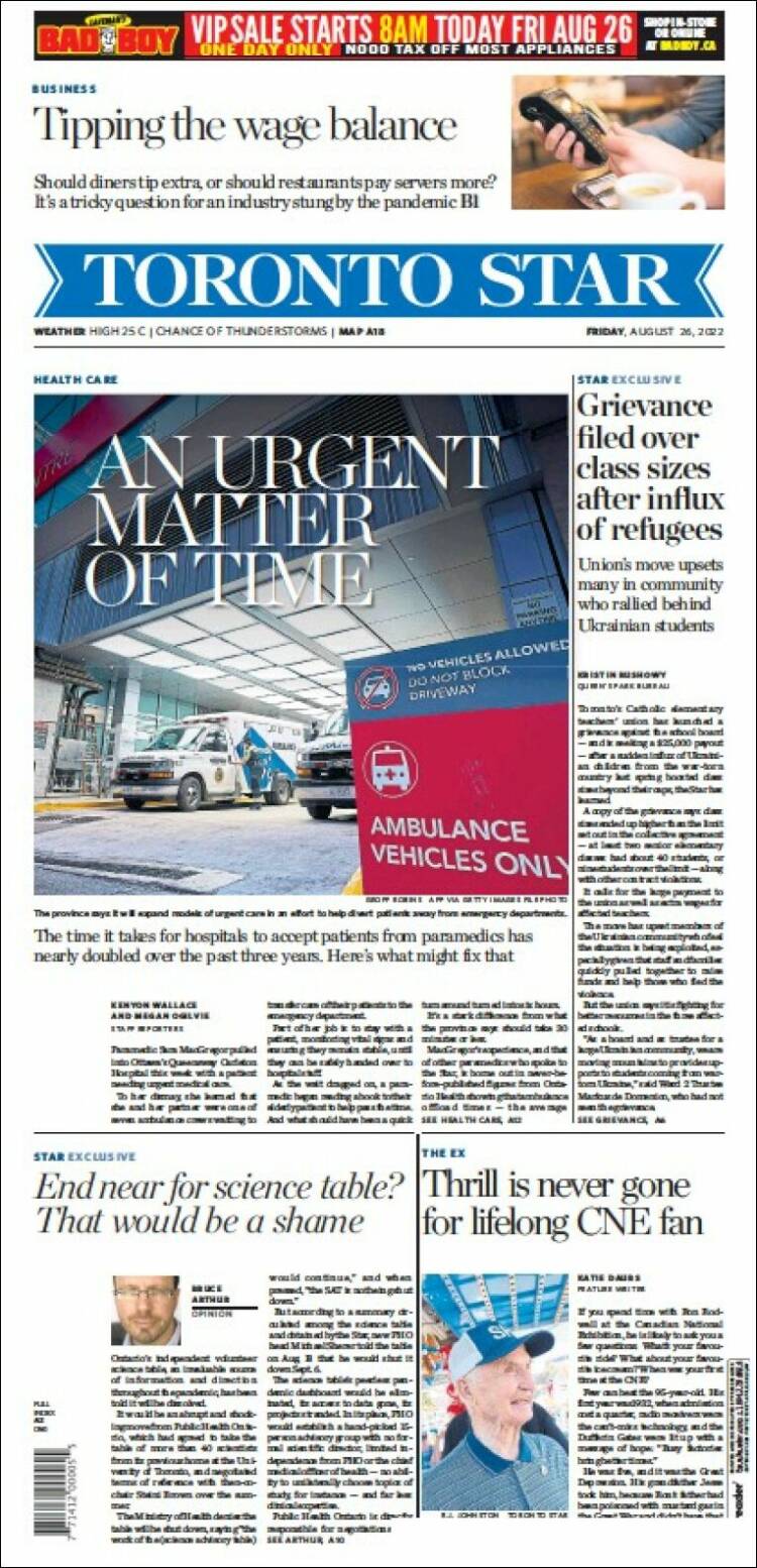 Portada de The Toronto Star (Canadá)