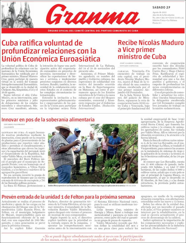 Portada de Granma (Cuba)