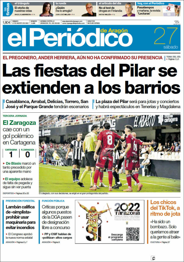 Portada de El Periódico de Aragón (España)