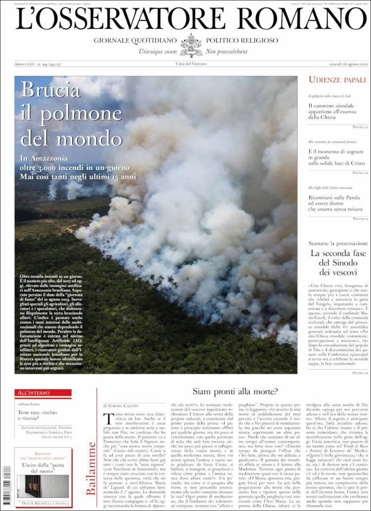 Portada de L'Osservatore Romano (Italia)