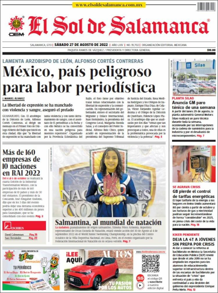 Portada de El Sol de Salamanca (México)