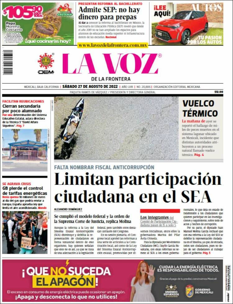 Portada de La Voz de la Frontera (México)